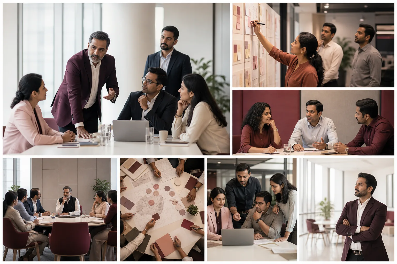 Leadership group discussing a strategic plan in a contemporary Indian workplace